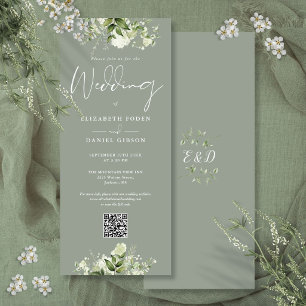 Greenery Floral Sage Green QR Code Wedding Invitation
