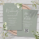 Greenery Floral Sage Green QR Code Wedding Invitation<br><div class="desc">This elegant sage green botanical greenery leaves wedding invitation can be personalized with your information in chic typography with your wedding website details and your QR code on the reverse. Designed by Thisisnotme©</div>