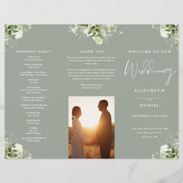 Greenery Floral Sage Green Trifold Wedding Program (Front)