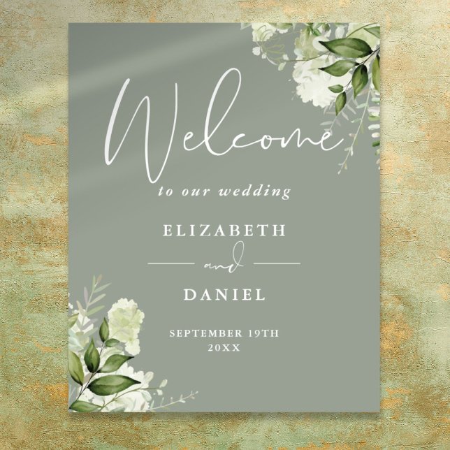 Greenery Floral Sage Green Wedding Welcome Sign (Greenery Floral Sage Green Wedding Welcome Sign)