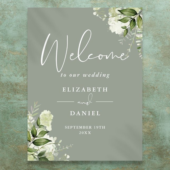Greenery Floral Sage Green Wedding Welcome Sign (Greenery Floral Sage Green Wedding Welcome Sign)