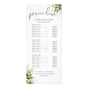 Greenery Floral Salon Service Menu Price List