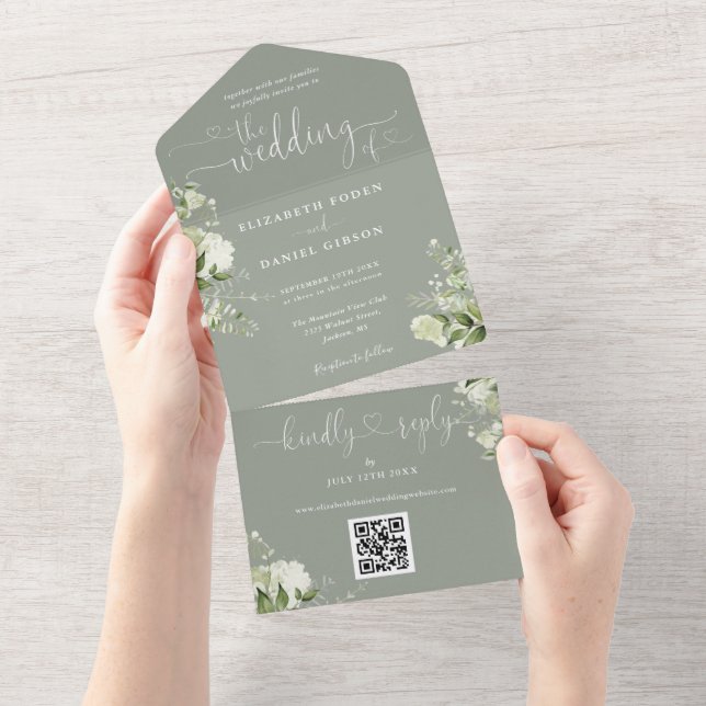 Greenery Floral Script Sage Green QR Code Wedding All In One Invitation (Tearaway)
