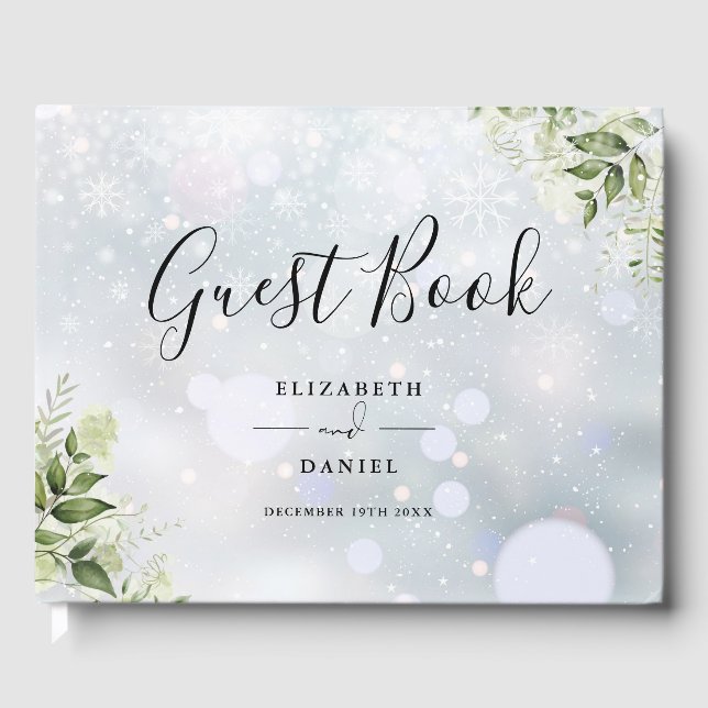Greenery Floral Script Winter Wedding Guest Book (Front)