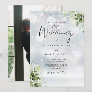 Greenery Floral Snowflakes Photo Winter Wedding Invitation