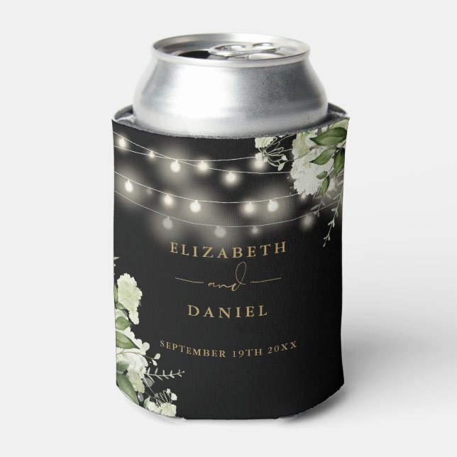 Greenery Floral String Lights Black Gold Wedding Can Cooler (Can Front)
