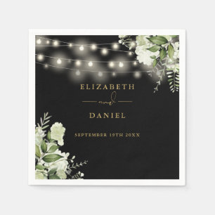 Greenery Floral String Lights Black Gold Wedding Napkin