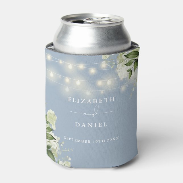 Greenery Floral String Lights Dusty Blue Wedding Can Cooler (Can Front)