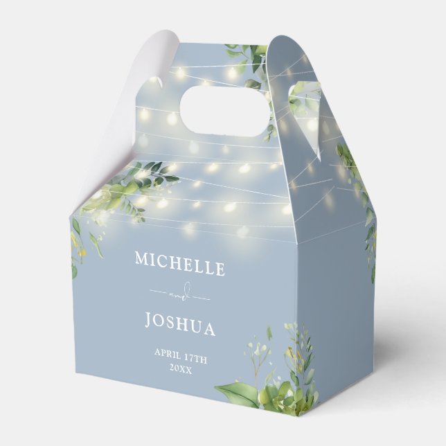 Greenery Floral String Lights Dusty Blue Wedding Favor Box (Back Side)