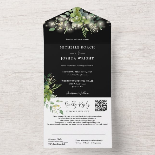 Greenery Floral String Lights QR Code Wedding All In One Invitation (Inside)