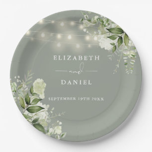 Greenery Floral String Lights Sage Green Wedding Paper Plate
