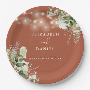 Greenery Floral String Lights Terracotta Wedding Paper Plate