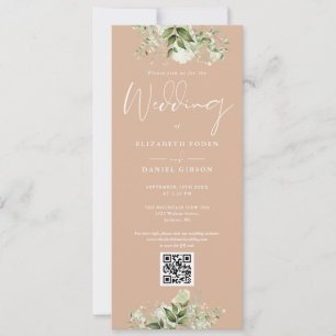 Greenery Floral Tan QR Code Wedding Invitation