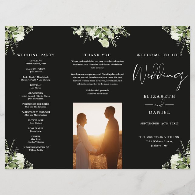 Greenery Floral Trifold Wedding Program (Front)
