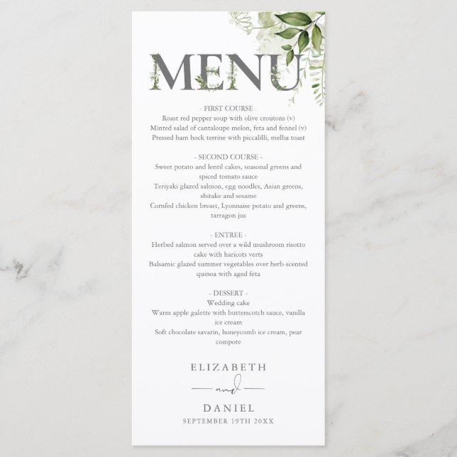 Greenery Floral Typography Monogram Wedding Menu (Front)