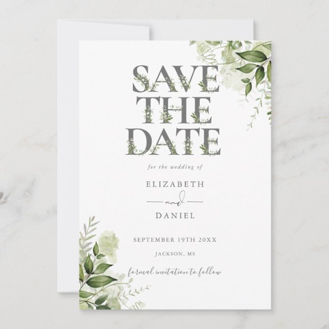 Greenery Floral Typography QR Code Wedding Save The Date (Front)