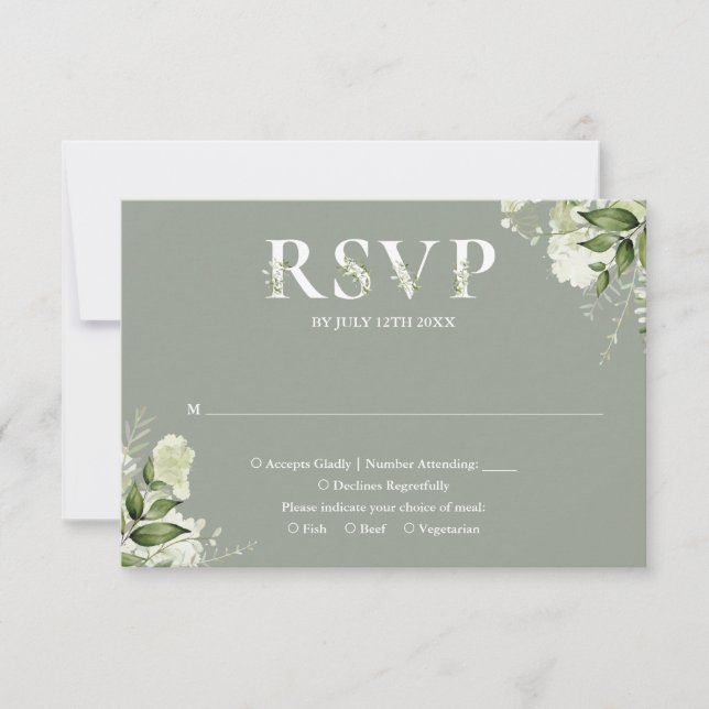 Greenery Floral Typography Sage Green Wedding RSVP Card (Front)
