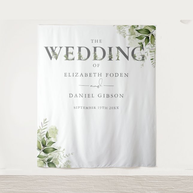 Greenery Floral Typography Wedding Photo Backdrop Tapestry (Front)