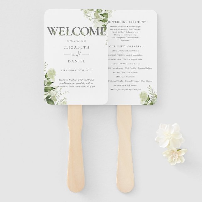 Greenery Floral Typography Wedding Program Hand Fan (Front and Back)