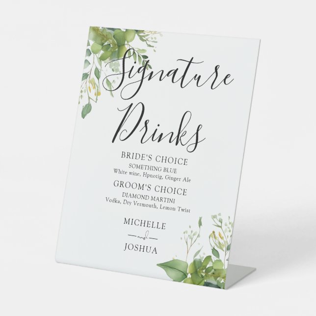 Greenery Floral Wedding Signature Drinks Pedestal Sign (Front)