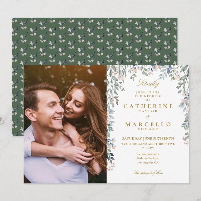 Greenery Floral Wildflowers Cascade Photo Wedding Invitation (Front/Back)