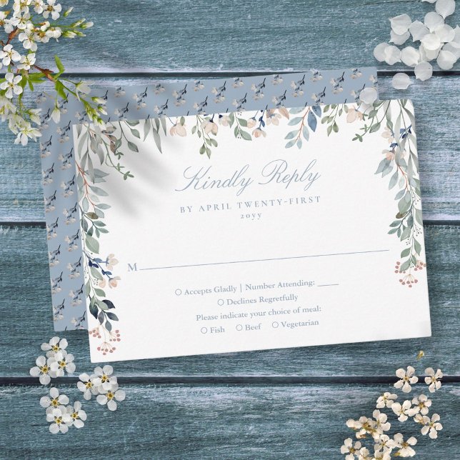 Greenery Floral Wildflowers Dusty Blue Wedding RSVP Card (Greenery Floral Wildflowers Dusty Blue Wedding RSVP Card)
