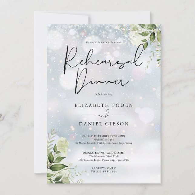 Greenery Floral Winter Rehearsal Dinner Invitation (Front)