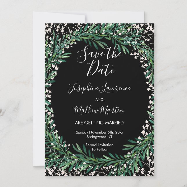 Greenery & Florets Black Save The Date Invitation (Front)