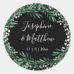 Greenery & Florets Black Wedding Classic Round Sticker
