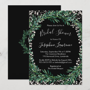 Greenery & Florets Watercolor Black Bridal Shower Invitation