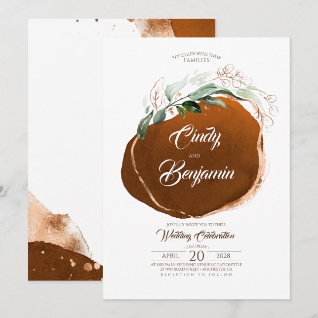 Greenery Foliage and Copper Foil Modern Wedding Invitation (Front/Back)