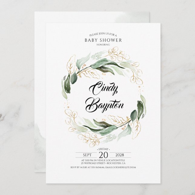 Greenery Foliage and Gold Leaves Baby Shower Invitation (Front/Back)