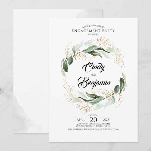 Greenery Foliage and Gold Leaves Engagement Party Invitation (Front/Back)