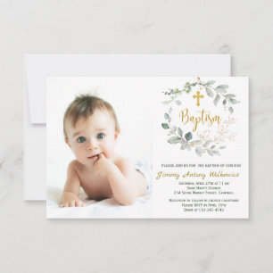 Greenery foliage Baptism Photo Invitation Card