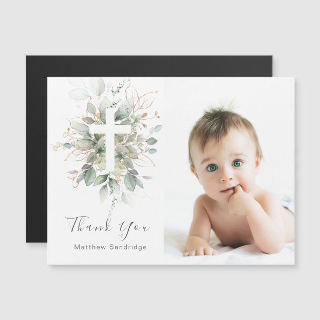 Greenery foliage Baptism Photo Thank You  Magnetic (Front/Back)