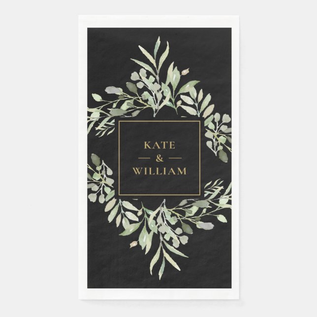 Greenery Foliage Black And Gold Wedding Paper  Napkin (Front)