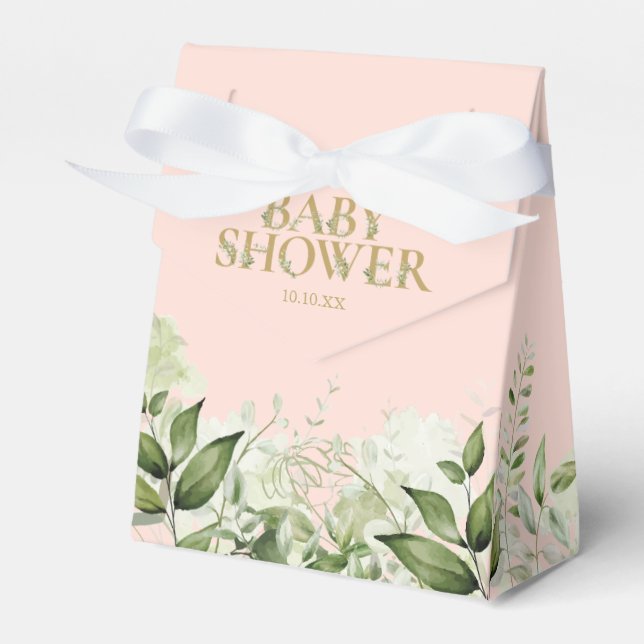 Greenery Foliage Blush Pink Gold Baby Shower Favor Box (Front Side)