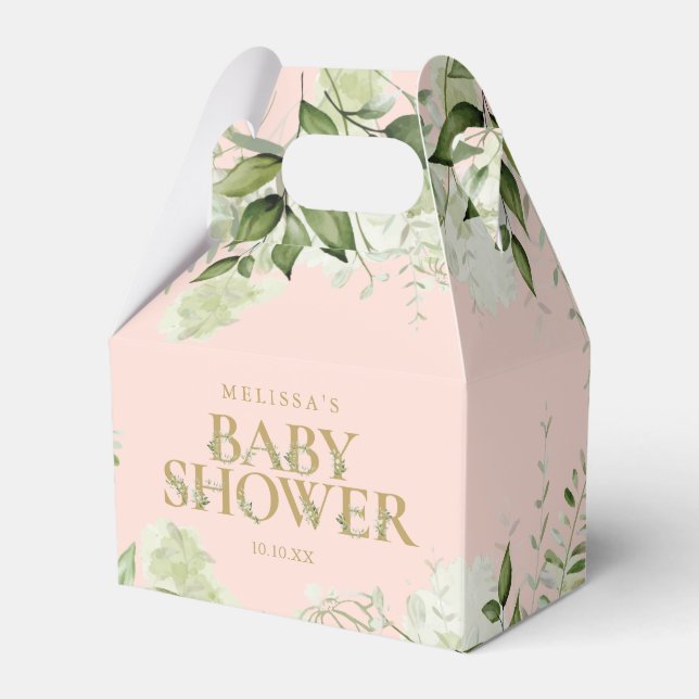 Greenery Foliage Blush Pink Gold Baby Shower Favor Box (Front Side)