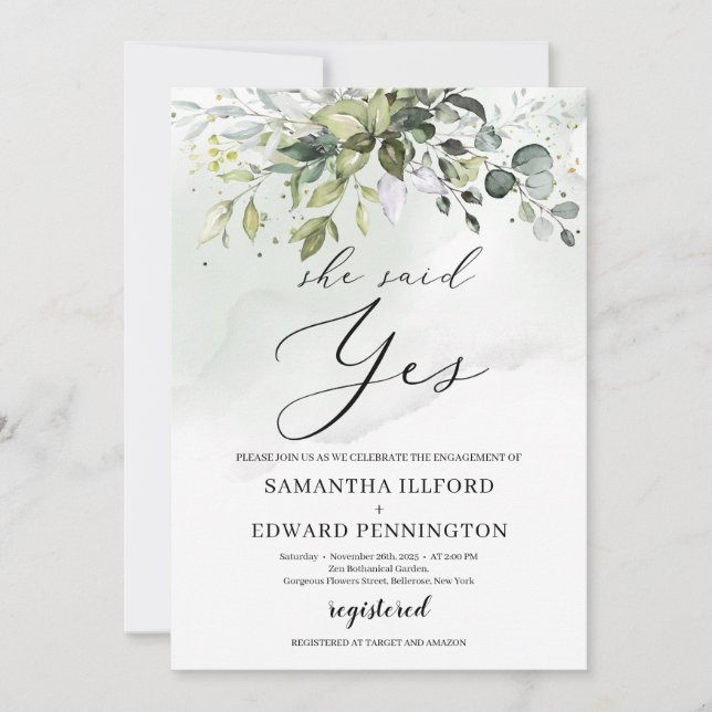 Greenery foliage boho she said yes engagement invitation (Front)