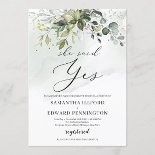 Greenery foliage boho she said yes engagement invitation