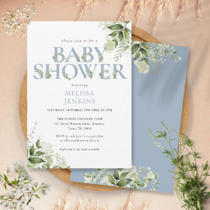Greenery Foliage Boy Dusty Blue Letter Baby Shower Invitation