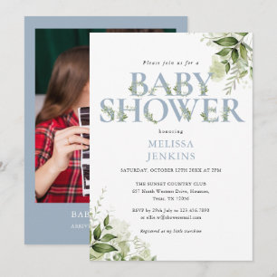 Greenery Foliage Boy Dusty Blue Photo Baby Shower Invitation
