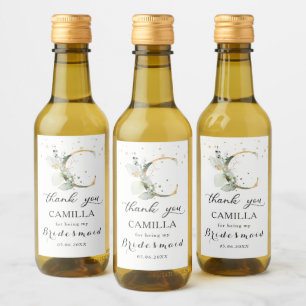 Greenery Foliage Bridesmaid letter C Thank You Wine Label