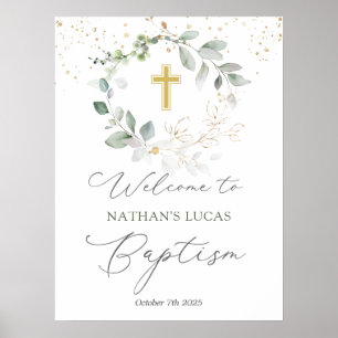 Greenery Foliage Cross Baby Baptism Poster