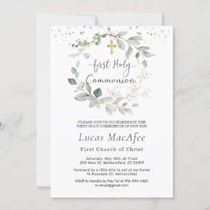 Greenery Foliage Cross First Communion Invitation