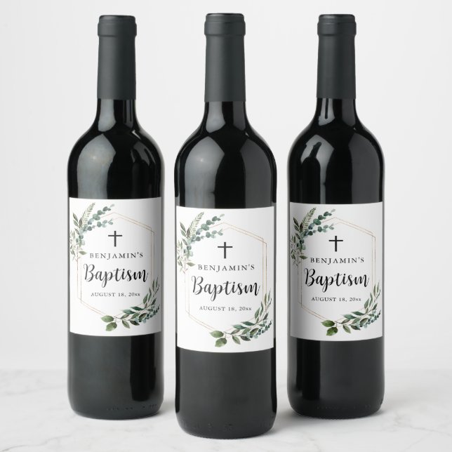 Greenery Foliage Gold Cross Baptism Wine Label (Bottles)