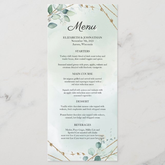 Greenery Foliage Gold Geometric Frame Wedding Menu (Front)