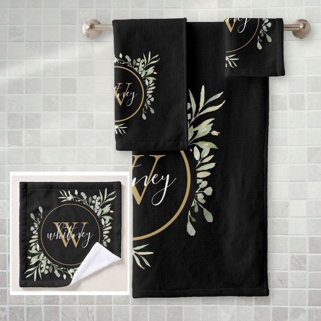 Greenery Foliage Gold Monogram Chic Script Black Bath Towel Set (Greenery Foliage Gold Monogram Chic Script Black Bath Towel Set)