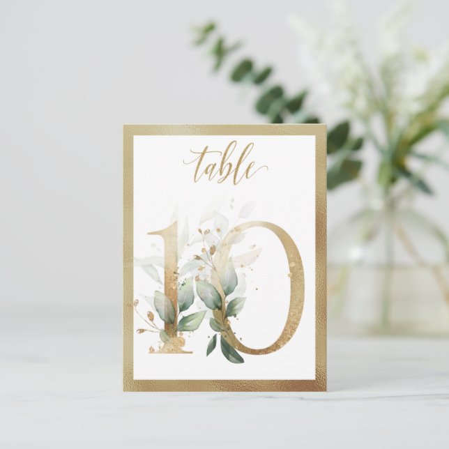 Greenery Foliage Gold Table Numbers, Table 10 Card (Standing Front)