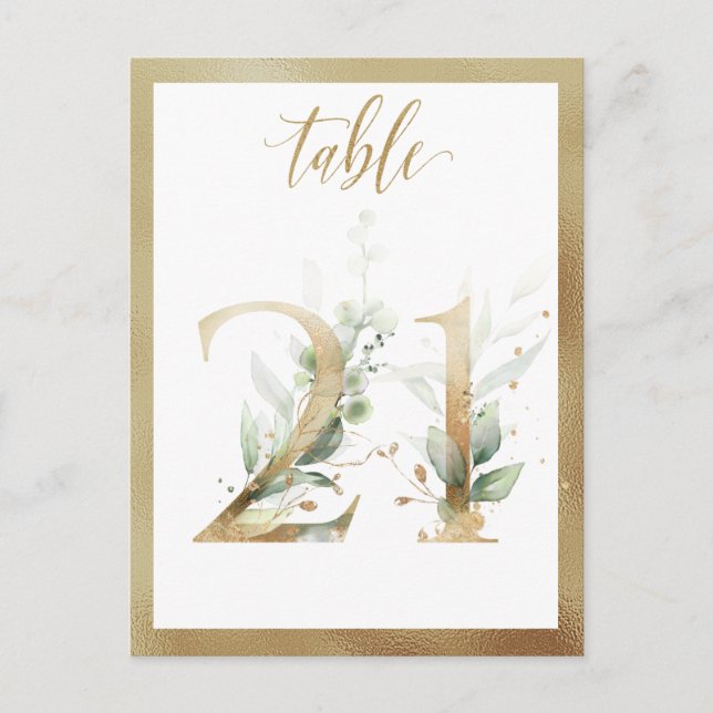 Greenery Foliage Gold Table Numbers, Table 21 Card (Front)